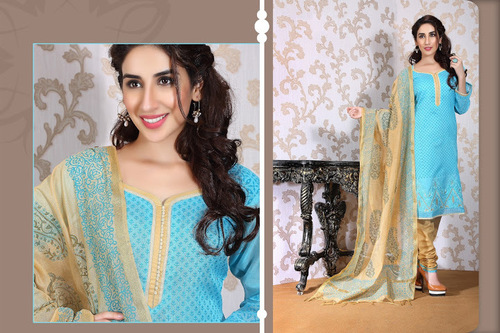 Turquoise Chanderi Silk Churidar Suit