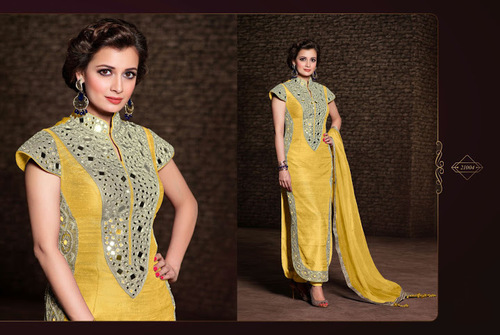 Diya Mirza Embroidered Work Yellow Banarasi Silk Churidar Suit - 54 Inches, Hand-Embroidered Resham Work, Matching Dupatta