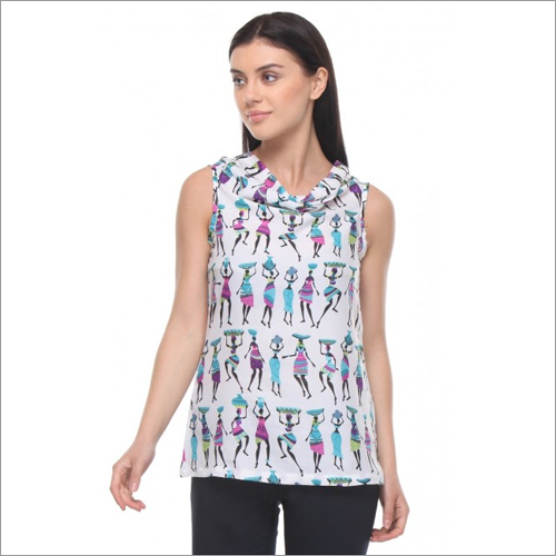 Leisel - Blue Lady Print Sleeveless Relaxed Fit Top