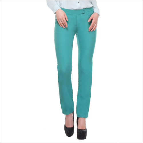 Deanne - Cotton Blend, S-XXL, Green Straight Fit Trousers | Zip Fly, Elasticated Waist, Ankle Length, Durable Fabric