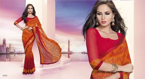 Georgette Orange Casual Saree - 5.5m Length, Soft Georgette, Printed Design, Matching Blouse, Comfortable Wear