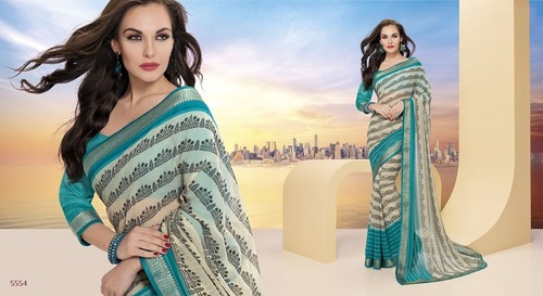 Beige Casual Saree - Soft Georgette, 5.5 Meters, Matching Blouse, Vibrant Printed Design