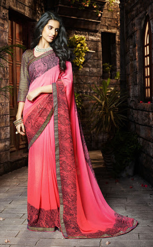 Multi Colour Designer Saree - Soft Georgette, 5.5m, Pink | Lace Accents, Print Work, Matching Blouse, Feminine Style