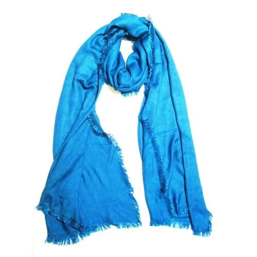 Blue Rayon Solid With Fringes Shawls