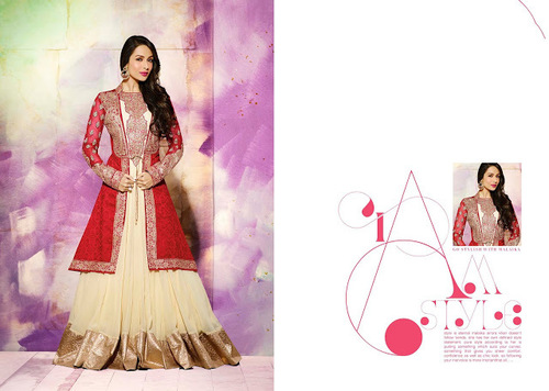 Georgette Cream and Red Anarkali Salwar Kameez