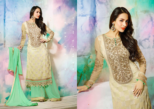 Malaika Arora Khan Resham Work Designer Palazzo Salwar Kameez - Beige Georgette, Resham Embroidery, Matching Dupatta, Comfortable Fit