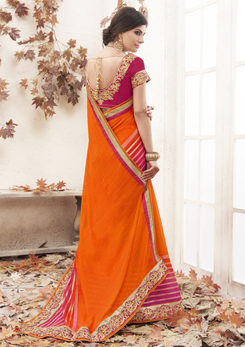 Designer Orange and Pink Georgette Embroiderd Saree