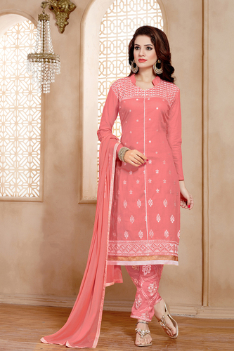 Salwar Kameez - Cotton Top & Bottom, Chiffon Dupatta | Pink Color, Embroidered, Full Sleeves, Available in L, M, XL
