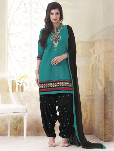 Ready Made Patiala Suit - Poly Cotton Blue, Resham Embroidered | Floral Motifs, Straight Kameez, Matching Dupatta
