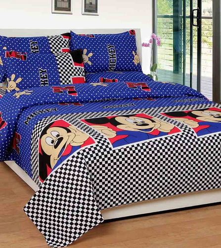 Cartoon Cotton Bedsheet - Cotton, 90x90 Inch, Blue | Soft, Durable, Colorfast, Skin-Friendly, Gift Set