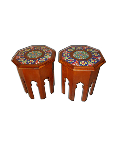 Tile Fitted Wooden Moroccan Stool