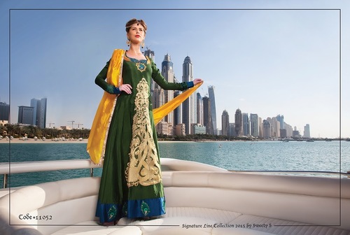 Green Pure Georgette Anarkali Suit - Sizes 34-46, Green, Heavy Embroidery, Resham & Yoke Work, Matching Chiffon Dupatta