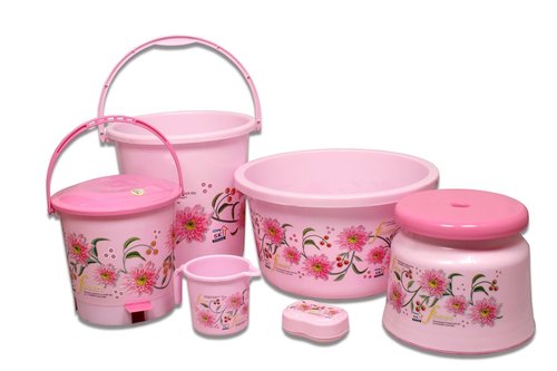 Ruchi Plast Bathroom 5 Pcs Set - Plastic, Varied Sizes, Pink | Durable, Floral Design, Water Resistant, Lightweight