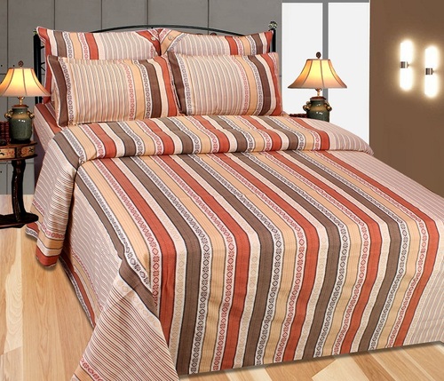 Cotton Flower Bedsheet - 90x90 Inch Double Bed, Beige Cotton, Striped Pattern | Soft, Skin Friendly, Colorfast, Durable, 2 Pillow Covers