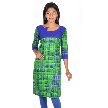 Empire Cut Cotton Kurta - Blue Green Abstract Print, Crepe Yoke | 3/4 Sleeve, Lighting Neckline, Casual Wear