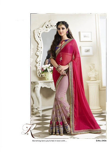 Hot Pink Georgette On Net Saree