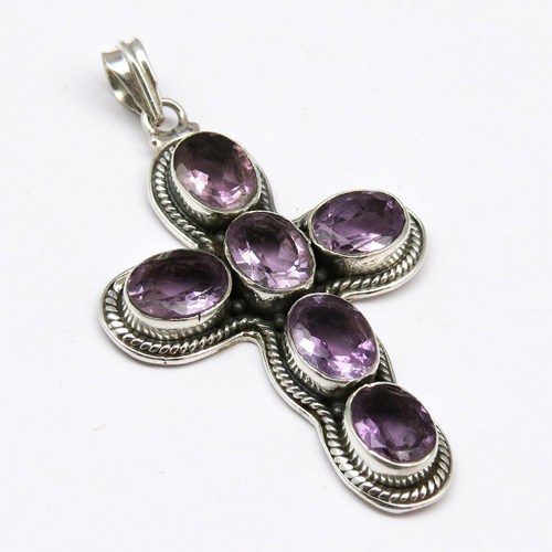 Life Is Too Short To Wear Amethyst 925 Sterling Silver Pendant - 5.5x3.2 cm, Oval Amethyst Bezel Cross