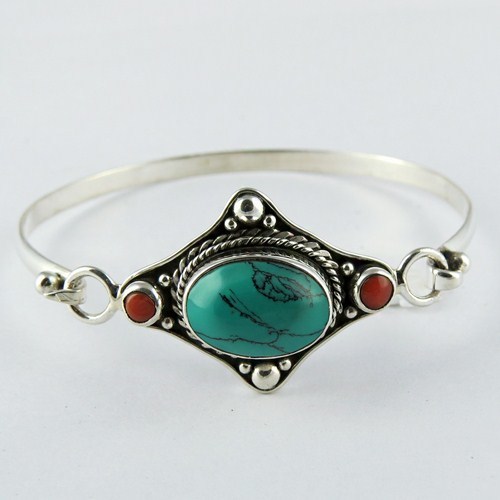 Coral Turquoise 925 Sterling Silver Bangle