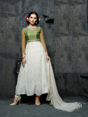 White And Green Embroidered Dress Material