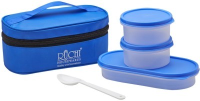 Ruchi Lunch Box - Plastic, 10x7x5 inches, Blue | Leakproof, Microwave-Safe, Insulated Bag, Three Containers, Spoon Included