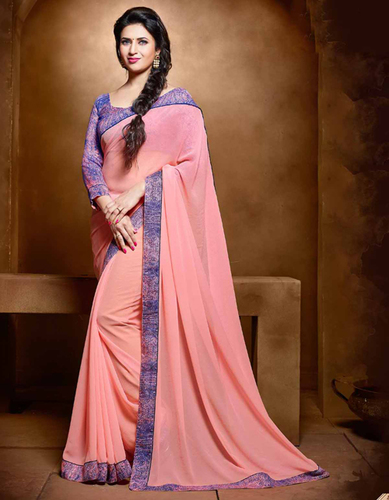 Printed Georgette Saree - Peach Georgette, 5.5m, Purple Lace Border, Art Silk Blouse, Fancy Print