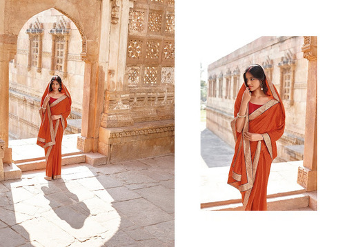 Rust Georgette Sarees - Georgette Fabric, Rust Color, Resham & Lace Work | Elegant Wedding & Party Wear