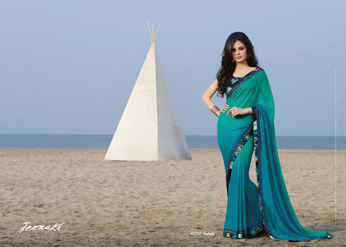 Georgette Designer Teal Shimmer Saree