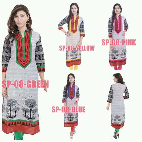 Fancy Kurtis - Cotton, 50 Inches, Off White | Stylish Design, Comfortable Fabric, Mandarin Collar, 3/4 Sleeves, Printed Work