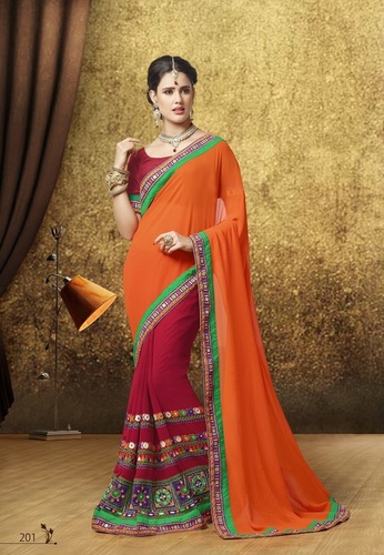 Georgette Half Half Embroidered Designer Saree