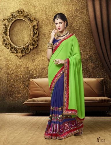 Half Half Embroidered Designer Saree - Faux Georgette, Dark Blue Green, Thread Embroidery, Tikki Work Border, Matching Blouse