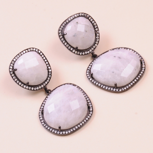 Rainbow Moon Stone With CZ 925 Sterling Silver Earring