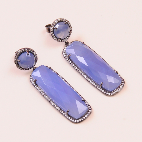 Blue Chalcedony with Cz 925 Sterling Silver Earring - Oxidized Silver, Fancy Rectangular, Prong Setting | Elegant Design, Fashion Accessory, CZ Accents