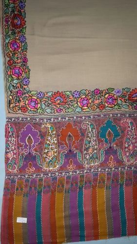 Shawls - Cashmere Wool 70x30 Inches Beige, Double Sided Weave, Hand Embroidered, Soft Texture, Elegant Design, Luxurious Feel