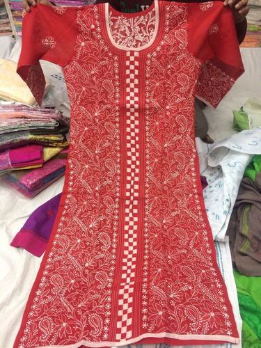 Lakhnavi Chickenkari - Cotton, Medium, Red, 50 Inches | Elegant Design, Fine Embroidery, Soft Fabric, Comfortable Fit, Unique Style