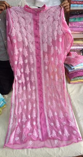 Lakhnavi Chickenkari - Chiffon, 48 Inches, Medium, Pink | Elegant Design, Intricate Embroidery, Comfortable Fit, Handcrafted