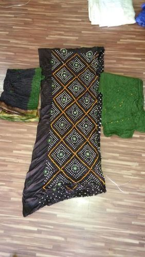 Black And Greenq Jamnagar Rai Bandhej Dress Materials