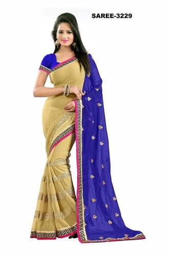 Fancy Designer Saree - Chiffon Fabric, 6m Blue Saree with 0.8m Blue Blouse, Embroidered Work, Party Wear