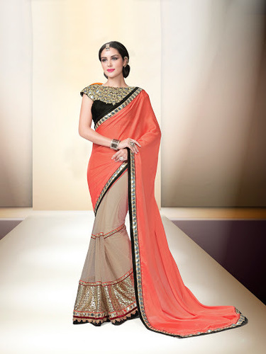 Satin Chiffon Orange Saree