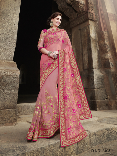 Special Sarees - Net Fabric 5.5 Meters Pink, Jardoshi Resham Thread Work, Embroidery Border & Crystal, Elegant Design