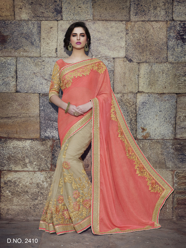 New Trendy Sarees - Silk Blend, 5.5 Meters, Peach | Floral Cording, Resham Thread, Kali, Pearl, Crystal Embroidery