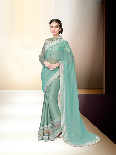 Sea Green Satin Lycra Saree