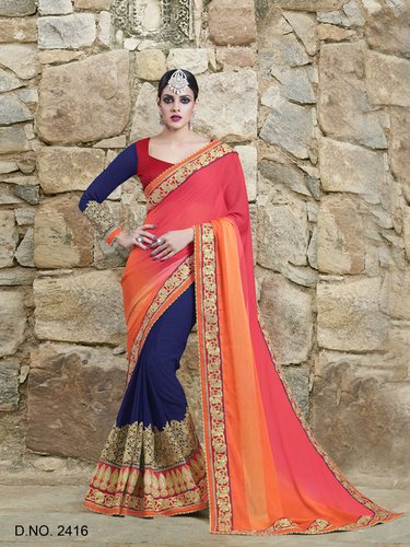 Elegant Sarees - Silk, 5.5 Meters, Blue Orange | Jardoshi Work, Multiple Jari, Cording, Pearl & Crystal Embellishments