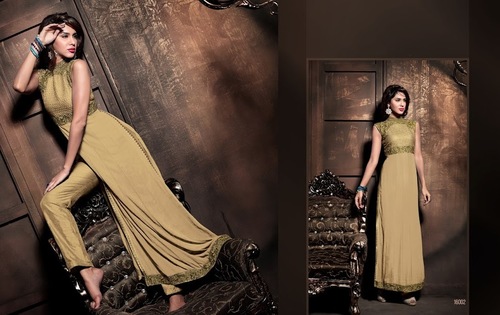 Churidar Suit Brown Georgette Pant Style - Sizes 34-46, Embroidered Diamond Work, Resham & Patch Border | Customizable, Chiffon Dupatta