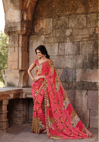 Pink Lace Work Georgette Sarees
