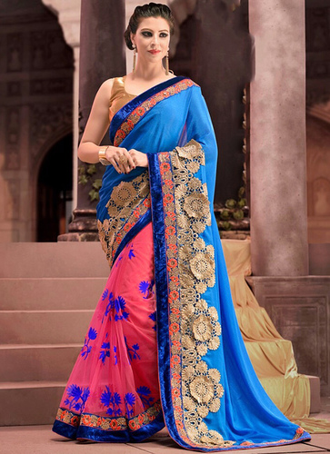 Blue Chiffon On Net Saree