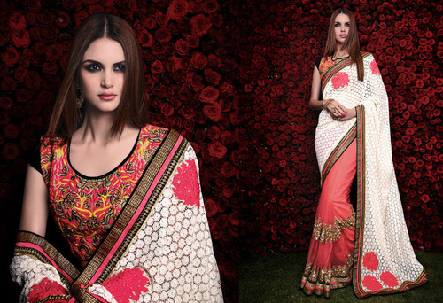 Embroidered Work Pink and White Designer Saree - Net Brasso Fabric, Patch Border, Matching Blouse | Elegant Embroidery, Occasion Wear