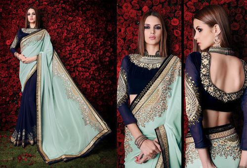 Georgette Light Turquoise Patch Border Work Designer Saree
