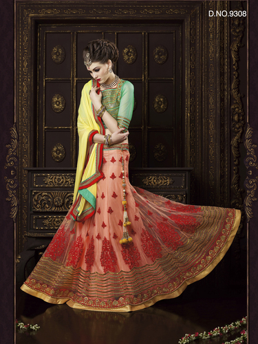 Indian Designer Lehenga - Net Fabric, Peach Color, Custom Size | Contrast Resham & Jardoshi Thread Work, Readymade Lace, Crystal Embellishments, Elegant Party Wear