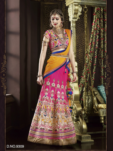 Latest Wedding Lehengas - Silk Blend, 54 Inches, Pink | Resham & Zardozi Embroidery, Hand Made Lace & Crystal Work