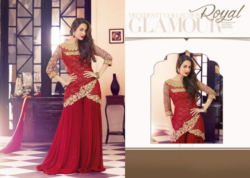 Malaika Arora Khan Red Zari Work Designer Palazzo Salwar Suit